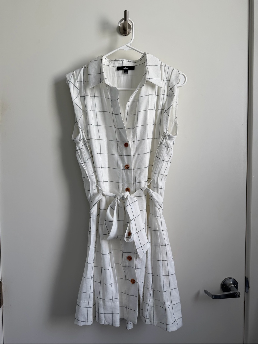 Lulu's Adorably Breezy Ivory Grid Print Button-Front Mini Dress